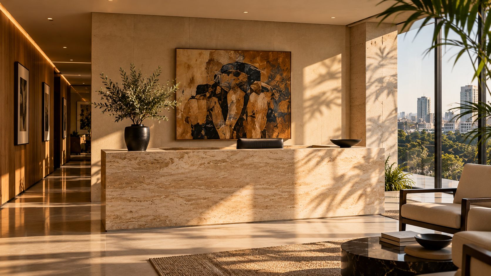 Illustrative photograph of a stone reception desk in a warmly lit lobby, not the actual chambers